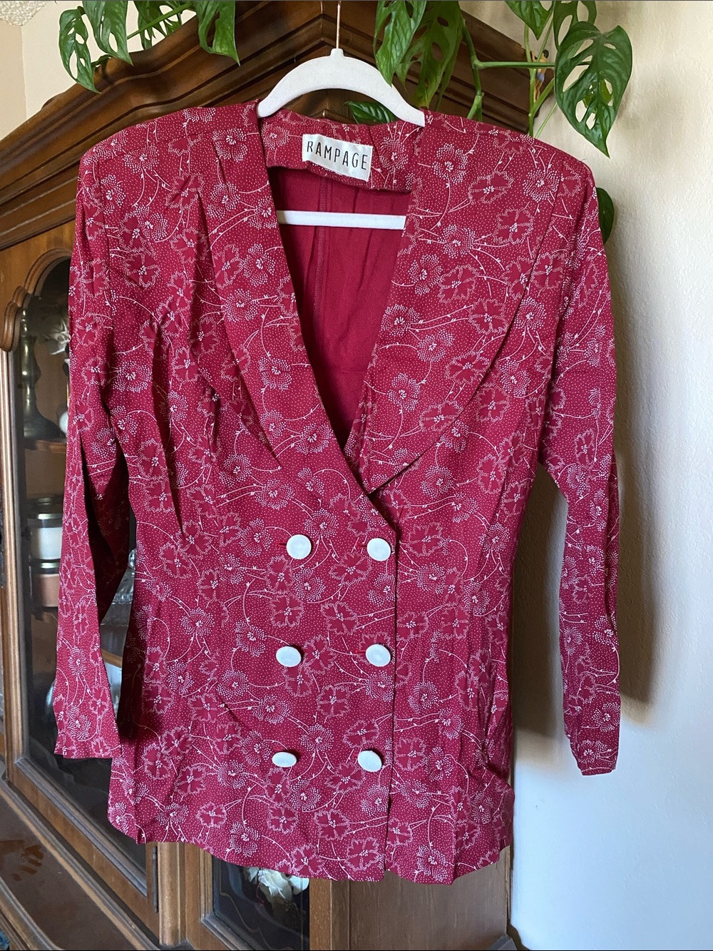 Rampage Red Floral Double-Breasted Blazer with White Buttons